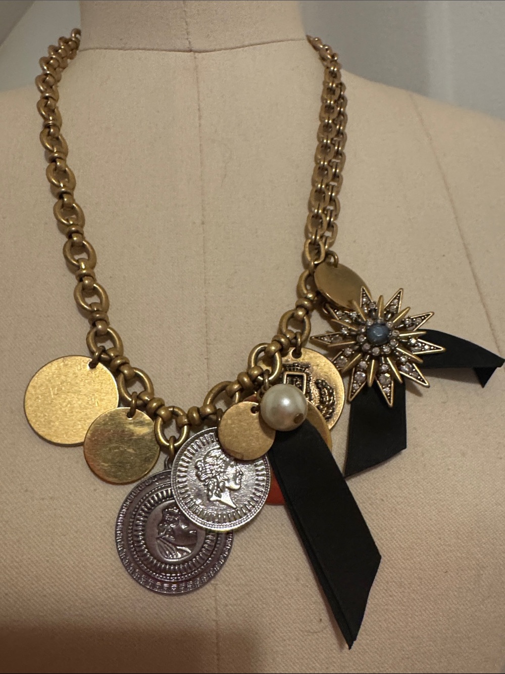 J. Crew Gold-Tone Coin Charm Necklace with Black Ribbon and Pearl